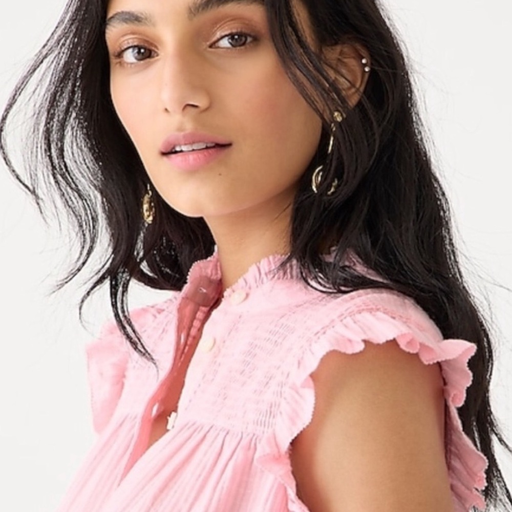 JCREW Pink Garden Blouse in Soft Gauze Pink Ruffle Flutter Sleeve